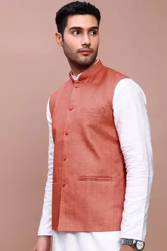 men's solid orange slim fit nehru jacket
