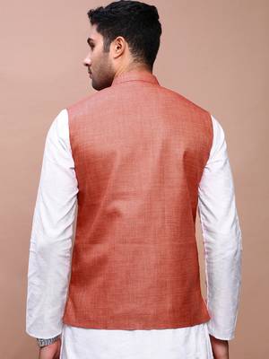 men's solid orange slim fit nehru jacket 4