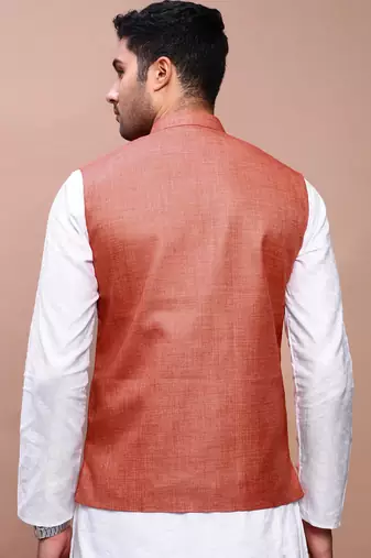men's solid orange slim fit nehru jacket