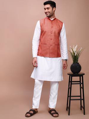 men's solid orange slim fit nehru jacket 5
