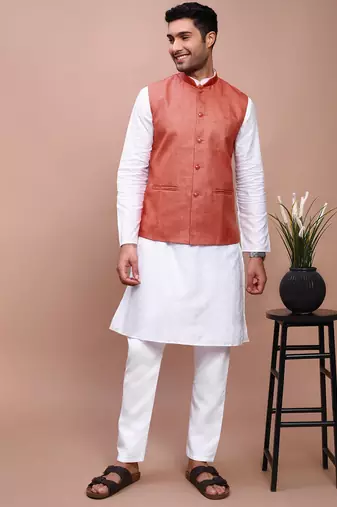 men's solid orange slim fit nehru jacket