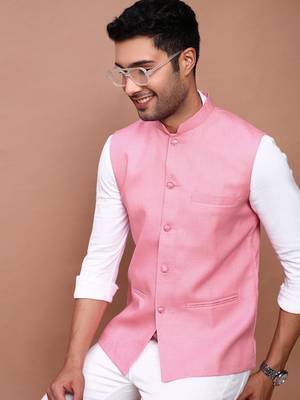 men's solid pink slim fit nehru jacket 1