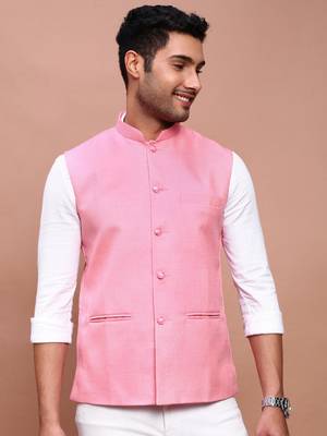 men's solid pink slim fit nehru jacket 2