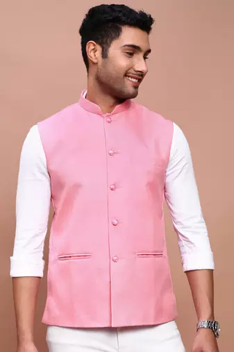 men's solid pink slim fit nehru jacket