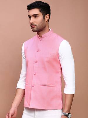 men's solid pink slim fit nehru jacket 3