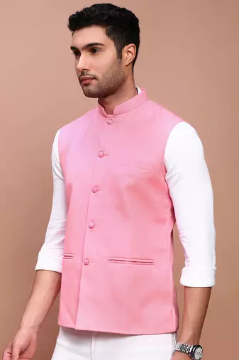men's solid pink slim fit nehru jacket