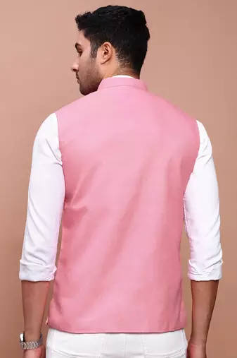 men's solid pink slim fit nehru jacket