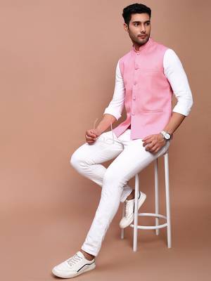 men's solid pink slim fit nehru jacket 5