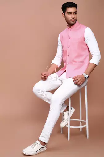 men's solid pink slim fit nehru jacket