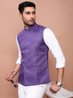 men's solid purple slim fit nehru jacket 1