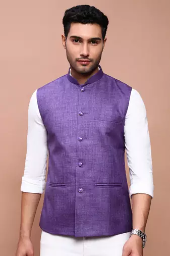 men's solid purple slim fit nehru jacket