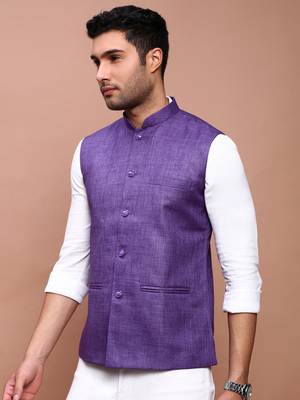 men's solid purple slim fit nehru jacket 3