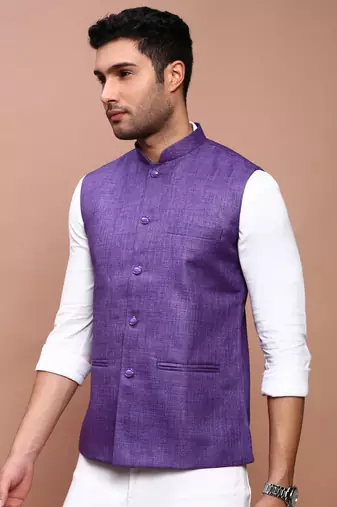 men's solid purple slim fit nehru jacket