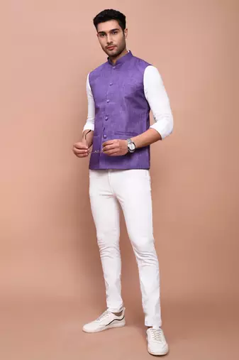 men's solid purple slim fit nehru jacket