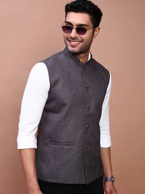 men's solid charcoal slim fit nehru jacket 1