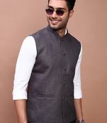 men's solid charcoal slim fit nehru jacket
