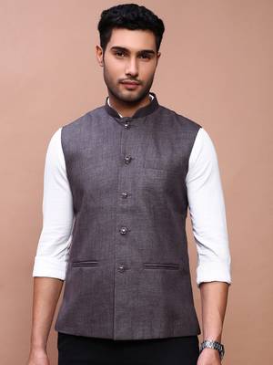 men's solid charcoal slim fit nehru jacket 2