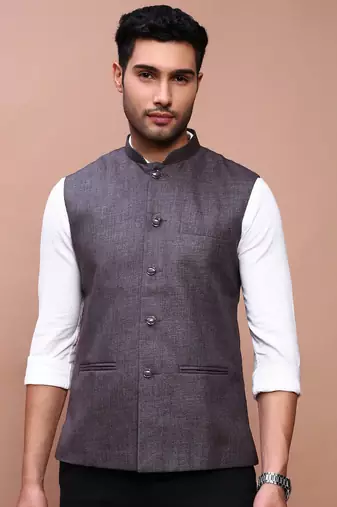 men's solid charcoal slim fit nehru jacket