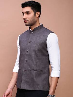men's solid charcoal slim fit nehru jacket 3