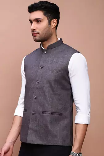 men's solid charcoal slim fit nehru jacket