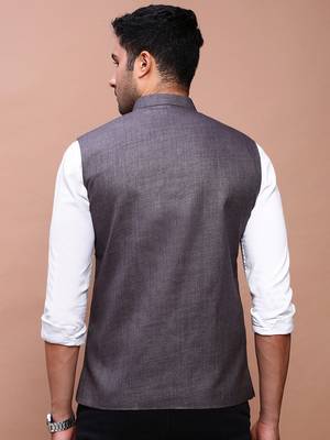 men's solid charcoal slim fit nehru jacket 4