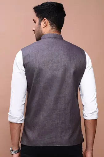 men's solid charcoal slim fit nehru jacket