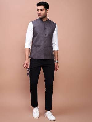 men's solid charcoal slim fit nehru jacket 5