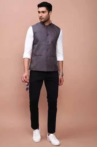 men's solid charcoal slim fit nehru jacket