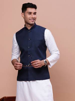men's solid blue slim fit nehru jacket 1