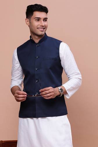 men's solid blue slim fit nehru jacket