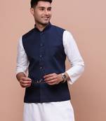 men's solid blue slim fit nehru jacket