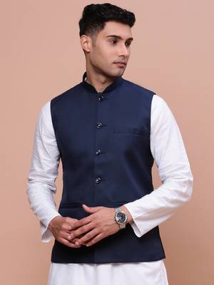 men's solid blue slim fit nehru jacket 2