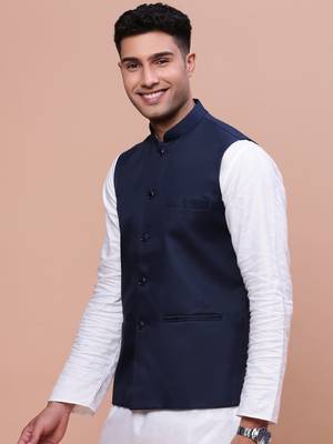 men's solid blue slim fit nehru jacket 3
