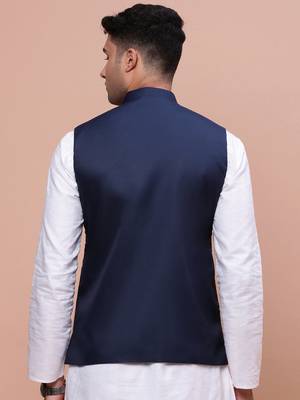 men's solid blue slim fit nehru jacket 4