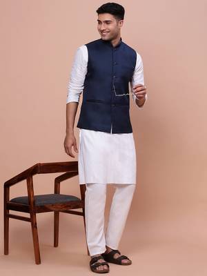 men's solid blue slim fit nehru jacket 5