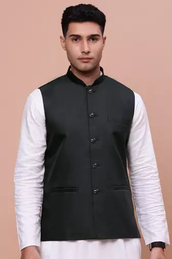 men's solid charcoal slim fit nehru jacket