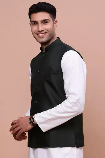 men's solid charcoal slim fit nehru jacket