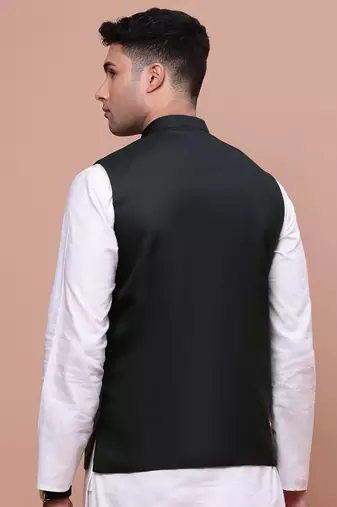 men's solid charcoal slim fit nehru jacket