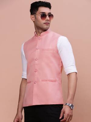 men's solid peach slim fit nehru jacket 1