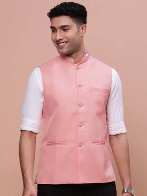 men's solid peach slim fit nehru jacket 2