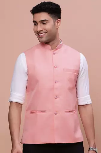 men's solid peach slim fit nehru jacket