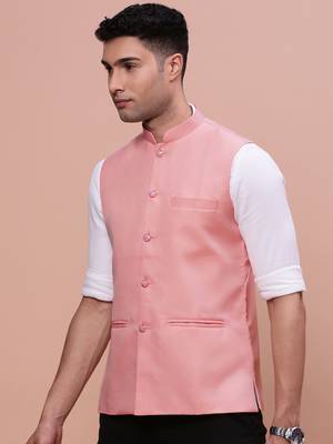 men's solid peach slim fit nehru jacket 3