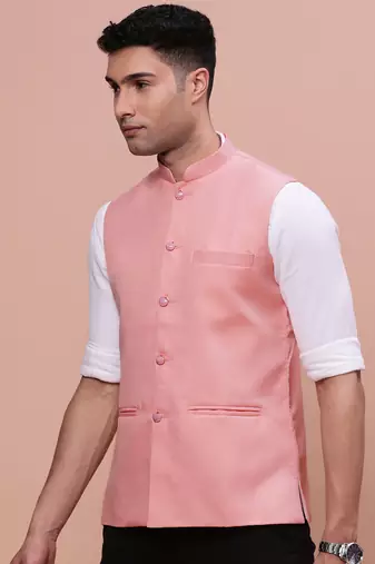 men's solid peach slim fit nehru jacket