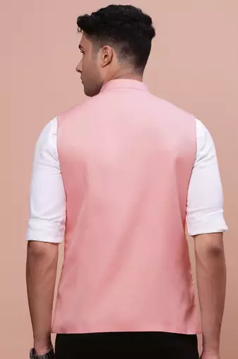 men's solid peach slim fit nehru jacket
