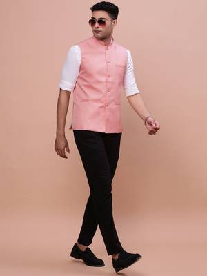 men's solid peach slim fit nehru jacket 5