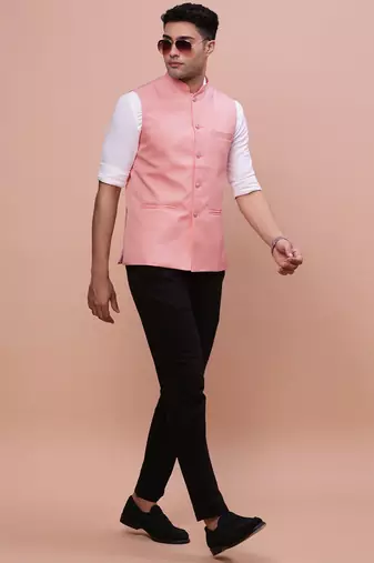 men's solid peach slim fit nehru jacket