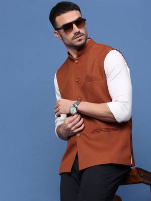 men's solid rust slim fit nehru jacket 1