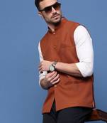 men's solid rust slim fit nehru jacket