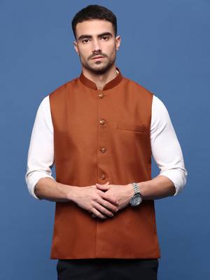 men's solid rust slim fit nehru jacket 2