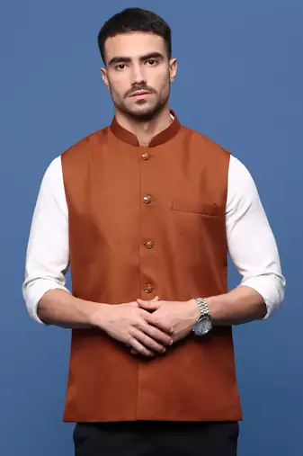 men's solid rust slim fit nehru jacket